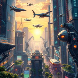 A stunningly detailed illustration of various futuristic machines in a technologically advanced cityscape