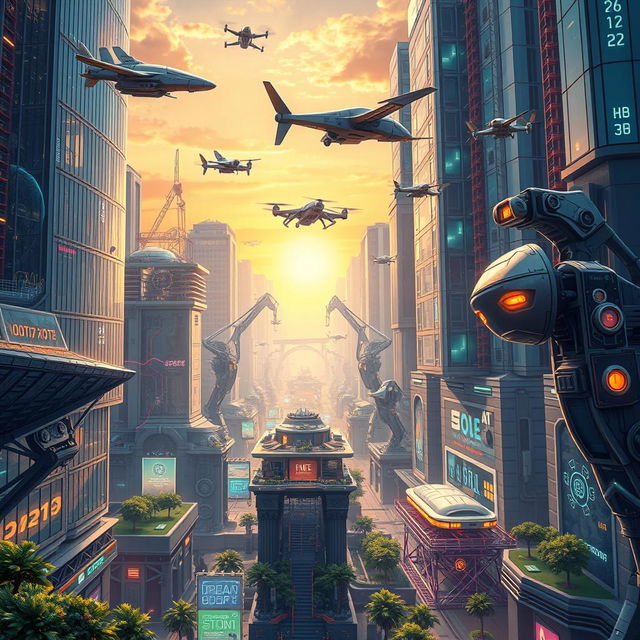 A stunningly detailed illustration of various futuristic machines in a technologically advanced cityscape
