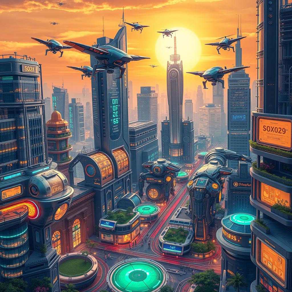 A stunningly detailed illustration of various futuristic machines in a technologically advanced cityscape