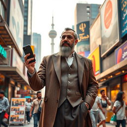 A modern interpretation of Polonius as an Iranian man in 2025, dressed in contemporary Iranian clothing, such as a tailored suit with Persian motifs