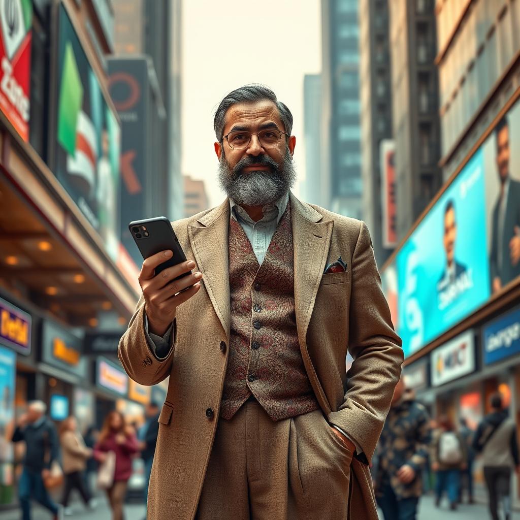 A modern interpretation of Polonius as an Iranian man in 2025, dressed in contemporary Iranian clothing, such as a tailored suit with Persian motifs