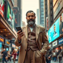 A modern interpretation of Polonius as an Iranian man in 2025, dressed in contemporary Iranian clothing, such as a tailored suit with Persian motifs