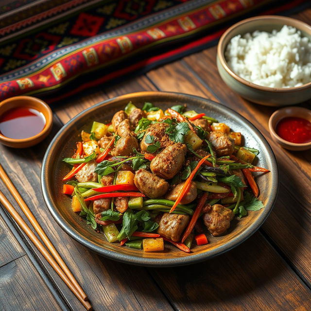 A Garudhiya, a traditional Bhutanese dish, beautifully arranged on a rustic wooden table