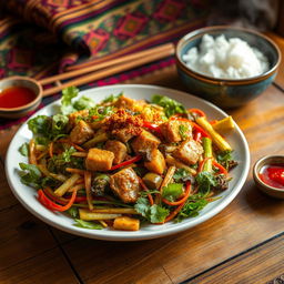 A Garudhiya, a traditional Bhutanese dish, beautifully arranged on a rustic wooden table
