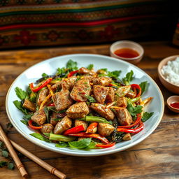 A Garudhiya, a traditional Bhutanese dish, beautifully arranged on a rustic wooden table