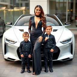 A beautiful, wealthy woman wearing an elegant black outfit stands proudly beside a charming 4-year-old boy who is radiating cuteness