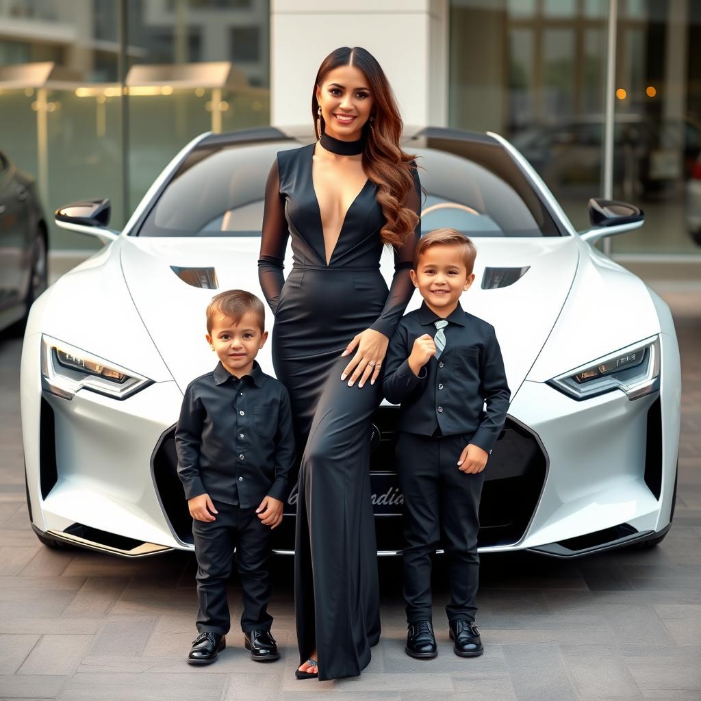 A beautiful, wealthy woman wearing an elegant black outfit stands proudly beside a charming 4-year-old boy who is radiating cuteness