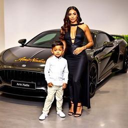 A beautiful, wealthy woman wearing an elegant black outfit stands proudly beside a charming 4-year-old boy who is radiating cuteness