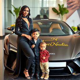 A beautiful, wealthy woman wearing an elegant black outfit stands proudly beside a charming 4-year-old boy who is radiating cuteness