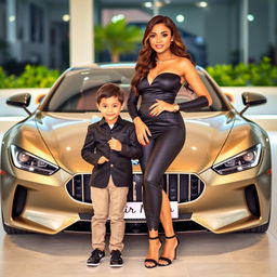 A beautiful, wealthy woman wearing an elegant black outfit stands proudly beside a charming 4-year-old boy who is radiating cuteness