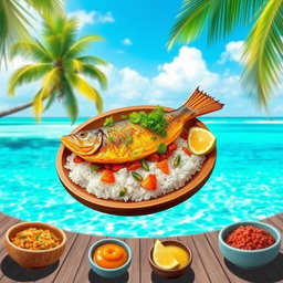 A vibrant and colorful depiction of a Garudhiya, a traditional dish from the Maldives consisting of fresh fish simmered with spices and served with rice