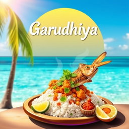 A vibrant and colorful depiction of a Garudhiya, a traditional dish from the Maldives consisting of fresh fish simmered with spices and served with rice