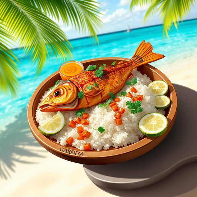 A vibrant and colorful depiction of a Garudhiya, a traditional dish from the Maldives consisting of fresh fish simmered with spices and served with rice