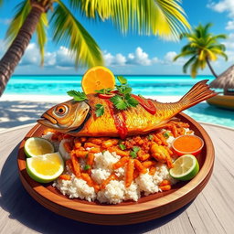 A vibrant and colorful depiction of a Garudhiya, a traditional dish from the Maldives consisting of fresh fish simmered with spices and served with rice