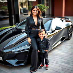 A beautiful, wealthy woman dressed in an elegant black outfit stands proudly beside a charming 4-year-old boy radiating cuteness