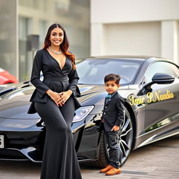 A beautiful, wealthy woman dressed in an elegant black outfit stands proudly beside a charming 4-year-old boy radiating cuteness
