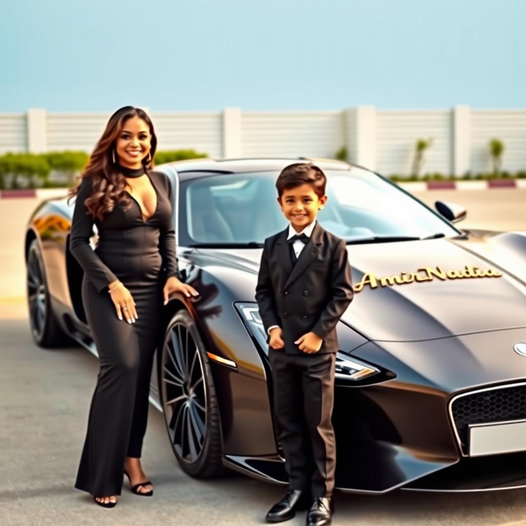 A beautiful, wealthy woman dressed in an elegant black outfit stands proudly beside a charming 4-year-old boy radiating cuteness
