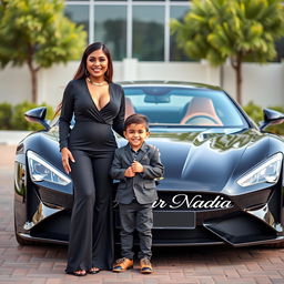 A beautiful, wealthy woman dressed in an elegant black outfit stands proudly beside a charming 4-year-old boy radiating cuteness