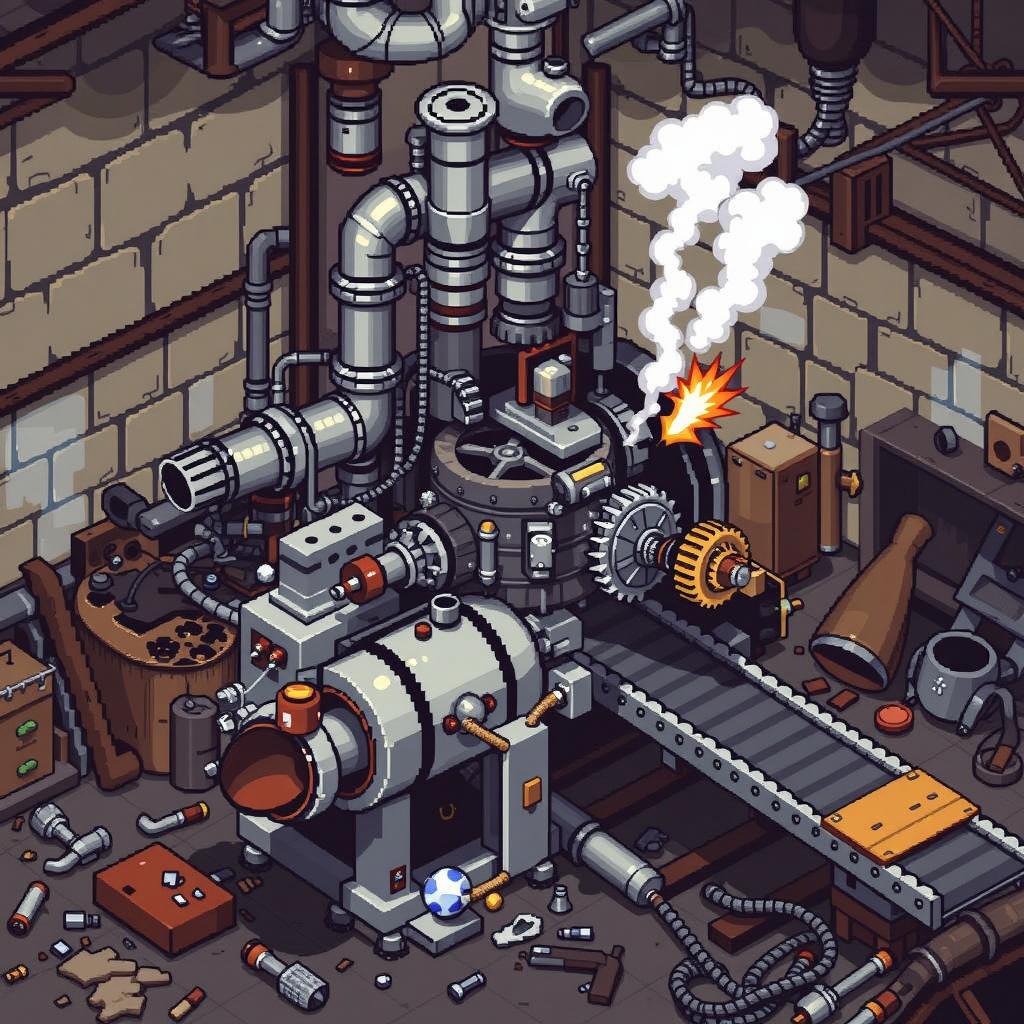 An intricate and detailed pixel art scene of an industrial workspace featuring an elaborate machine setup