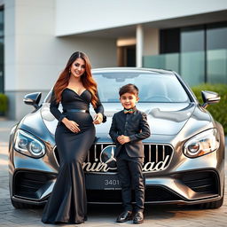 A beautiful, wealthy woman dressed in an elegant black outfit is standing beside a charming and cute 4-year-old boy
