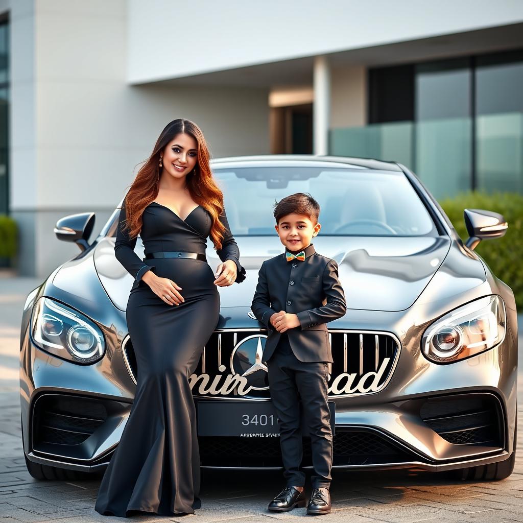 A beautiful, wealthy woman dressed in an elegant black outfit is standing beside a charming and cute 4-year-old boy