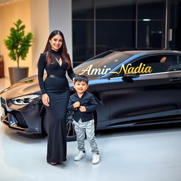A beautiful, wealthy woman dressed in an elegant black outfit is standing beside a charming and cute 4-year-old boy