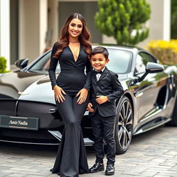 A beautiful, wealthy woman dressed in an elegant black outfit is standing beside a charming and cute 4-year-old boy