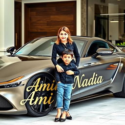 A beautiful, wealthy woman dressed in an elegant black outfit is standing beside a charming and cute 4-year-old boy