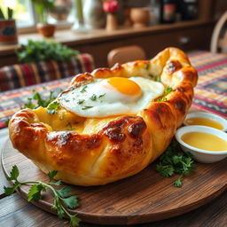 A delicious and traditional Georgian dish called Khachapuri, featuring a golden, flaky bread shaped like a boat, generously filled with molten cheese and topped with a perfectly cooked egg