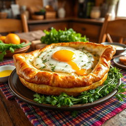 A delicious and traditional Georgian dish called Khachapuri, featuring a golden, flaky bread shaped like a boat, generously filled with molten cheese and topped with a perfectly cooked egg