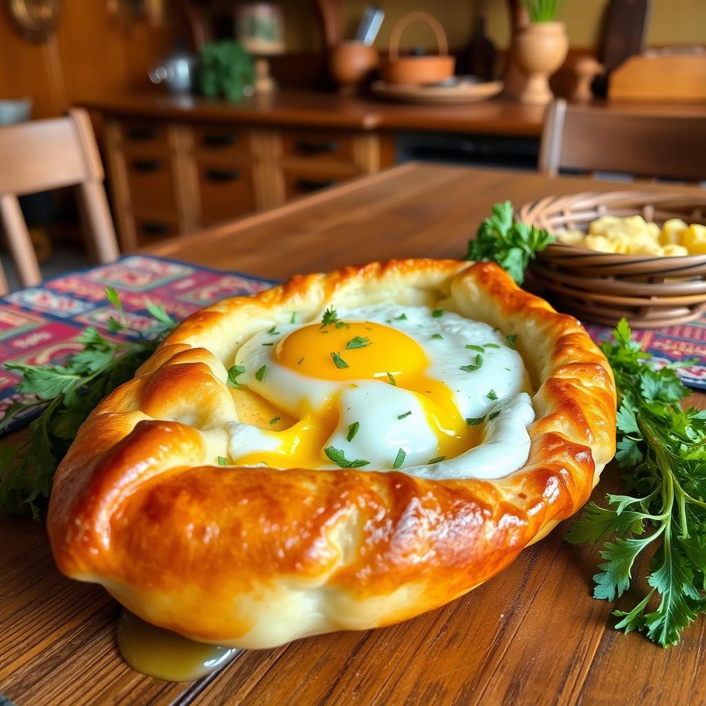 A delicious and traditional Georgian dish called Khachapuri, featuring a golden, flaky bread shaped like a boat, generously filled with molten cheese and topped with a perfectly cooked egg