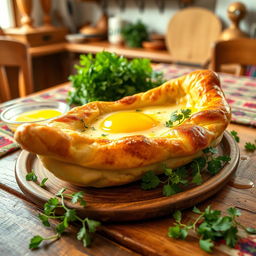 A delicious and traditional Georgian dish called Khachapuri, featuring a golden, flaky bread shaped like a boat, generously filled with molten cheese and topped with a perfectly cooked egg