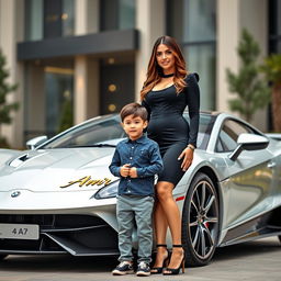 A beautiful, wealthy woman wearing an elegant black outfit stands proudly beside a charming 4-year-old boy, who looks incredibly cute