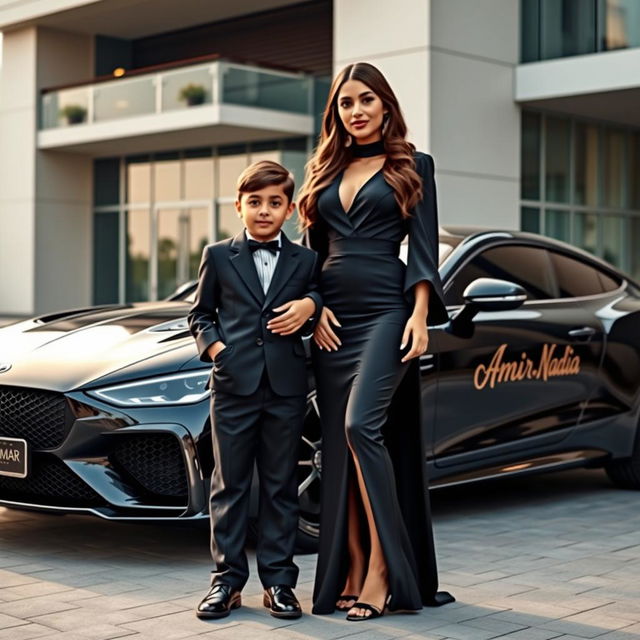 A beautiful, wealthy woman wearing an elegant black outfit stands proudly beside a charming 4-year-old boy, who looks incredibly cute