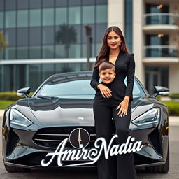 A beautiful, wealthy woman wearing an elegant black outfit stands proudly beside a charming 4-year-old boy, who looks incredibly cute