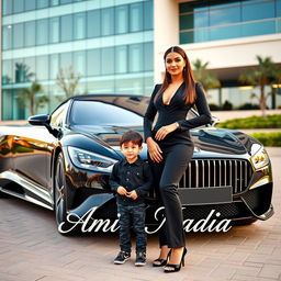 A beautiful, wealthy woman wearing an elegant black outfit stands proudly beside a charming 4-year-old boy, who looks incredibly cute