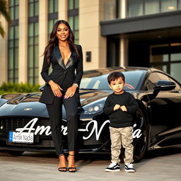 A beautiful, wealthy woman dressed in an elegant black outfit stands beside a charming 4-year-old boy who looks incredibly cute