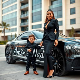 A beautiful, wealthy woman dressed in an elegant black outfit stands beside a charming 4-year-old boy who looks incredibly cute
