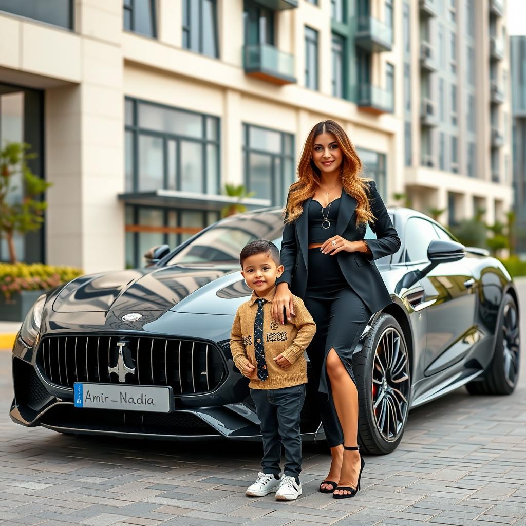 A beautiful, wealthy woman dressed in an elegant black outfit stands beside a charming 4-year-old boy who looks incredibly cute