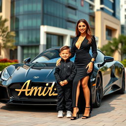 A beautiful, wealthy woman dressed in an elegant black outfit stands beside a charming 4-year-old boy who looks incredibly cute