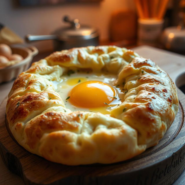 A freshly baked Georgian khachapuri, showcasing a golden, fluffy crust filled with melted cheese and an egg yolk in the center, garnished with a sprinkle of herbs