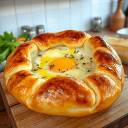 A freshly baked Georgian khachapuri, showcasing a golden, fluffy crust filled with melted cheese and an egg yolk in the center, garnished with a sprinkle of herbs
