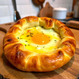 A freshly baked Georgian khachapuri, showcasing a golden, fluffy crust filled with melted cheese and an egg yolk in the center, garnished with a sprinkle of herbs