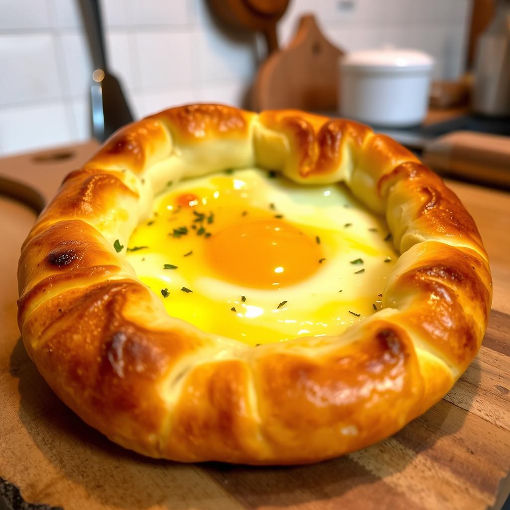 A freshly baked Georgian khachapuri, showcasing a golden, fluffy crust filled with melted cheese and an egg yolk in the center, garnished with a sprinkle of herbs
