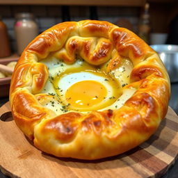 A freshly baked Georgian khachapuri, showcasing a golden, fluffy crust filled with melted cheese and an egg yolk in the center, garnished with a sprinkle of herbs