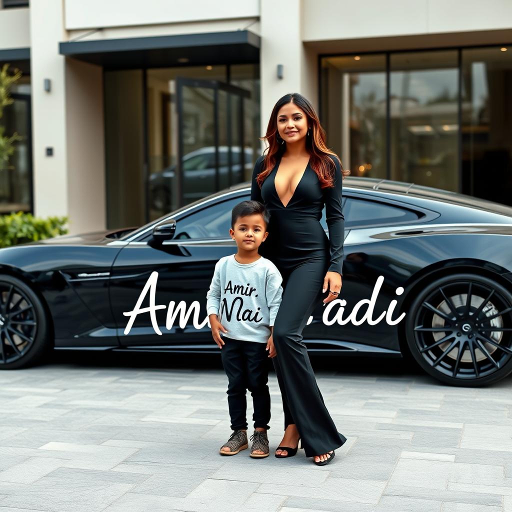 A beautiful, wealthy woman wearing an elegant black outfit is standing next to a cute 4-year-old boy who exudes charm