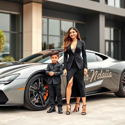 A beautiful, wealthy woman wearing an elegant black outfit is standing next to a cute 4-year-old boy who exudes charm
