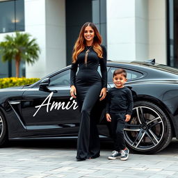 A beautiful, wealthy woman wearing an elegant black outfit is standing next to a cute 4-year-old boy who exudes charm