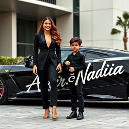 A beautiful, wealthy woman wearing an elegant black outfit is standing next to a cute 4-year-old boy who exudes charm