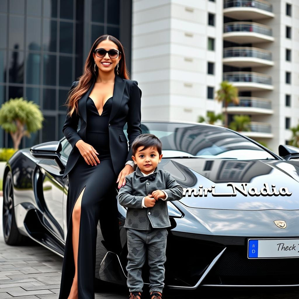 A beautiful, wealthy woman in an elegant black outfit stands alongside an adorable 4-year-old boy, who radiates charm